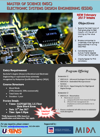 Fully Sponsored Master Program - USM MSc (Electronic Systems Design Engineering)