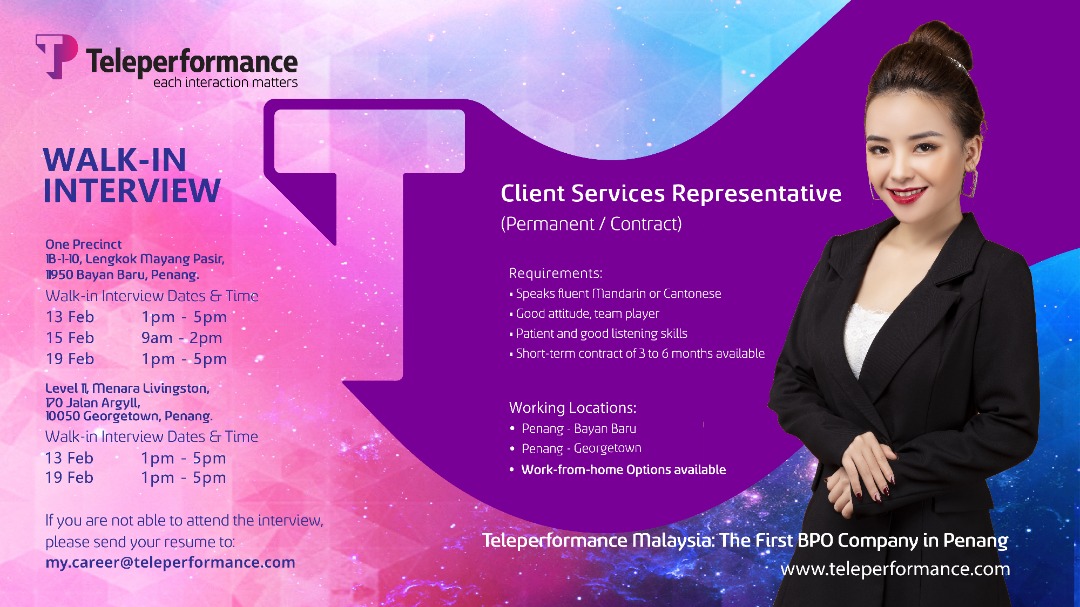 Teleperformance: Walk-in Interview - Penang Career Assistance and